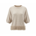 A light beige knit sweater with elbow-length sleeves and a textured, shaggy fringe trim along the hem.