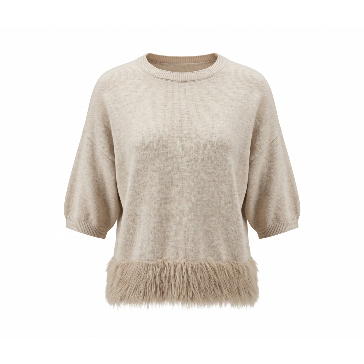A light beige knit sweater with elbow-length sleeves and a textured, shaggy fringe trim along the hem.