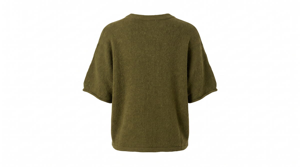 An olive green short-sleeve knit top shown from the back