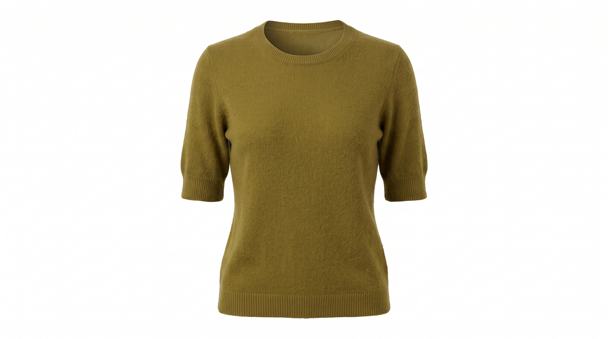 An olive green short-sleeve crewneck knit jumper