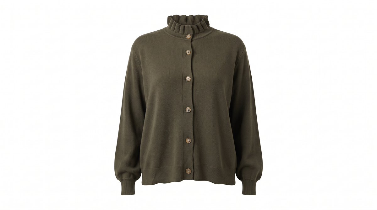 Olive Ruffle-Neck Cardigan